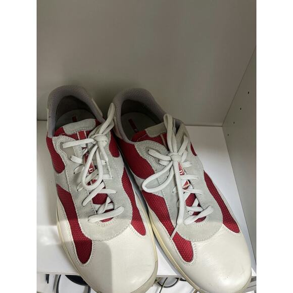 Prada Men\'s White and Red Leather Sneakers, Size 42